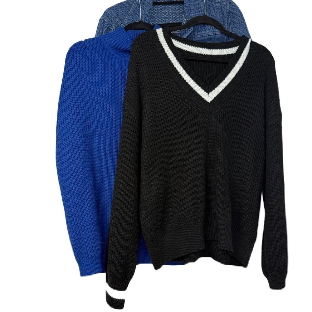 Womens Sweater bundle of 3 black v neck White Trim blue turtleneck & button down